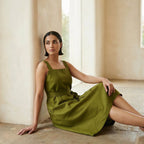 Olive Green Handspun Cotton Knee Length Princess Line Dress