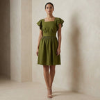 Olive Green Handspun Cotton Open-Back Fit and Flare Knee Length Dress