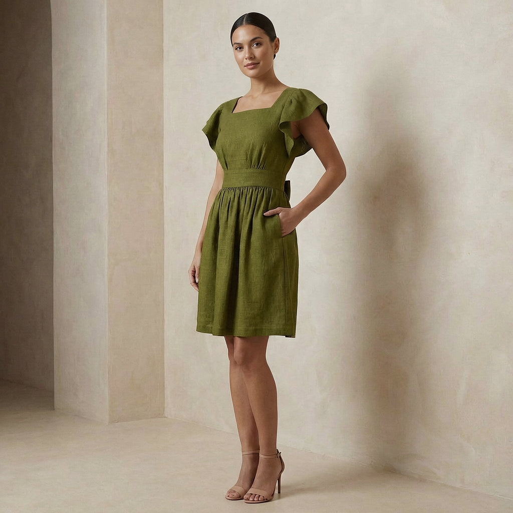 Olive Green Handspun Cotton Open-Back Fit and Flare Knee Length Dress