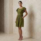 Olive Green Handspun Cotton Open-Back Fit and Flare Knee Length Dress