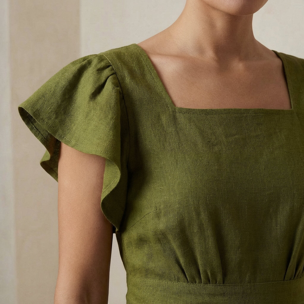 Olive Green Handspun Cotton Open-Back Fit and Flare Knee Length Dress