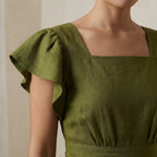Olive Green Handspun Cotton Open-Back Fit and Flare Knee Length Dress