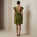 Olive Green Handspun Cotton Open-Back Fit and Flare Knee Length Dress