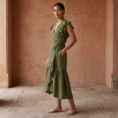 Olive Green Handspun Cotton Ruffle Midi Wrap Dress