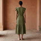 Olive Green Handspun Cotton Ruffle Midi Wrap Dress