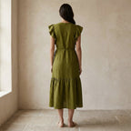 Olive Green Handspun Cotton Ruffle Midi Wrap Dress