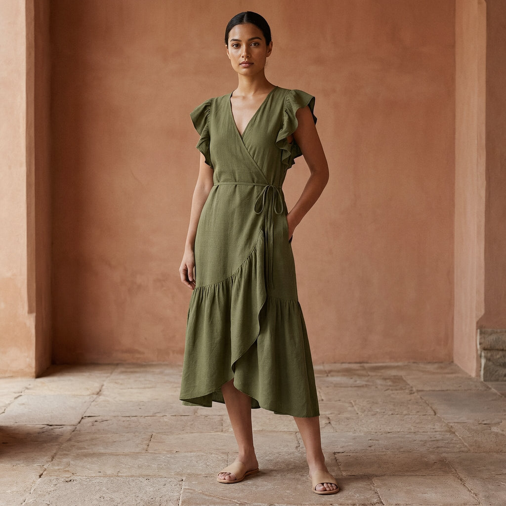 Olive Green Handspun Cotton Ruffle Midi Wrap Dress