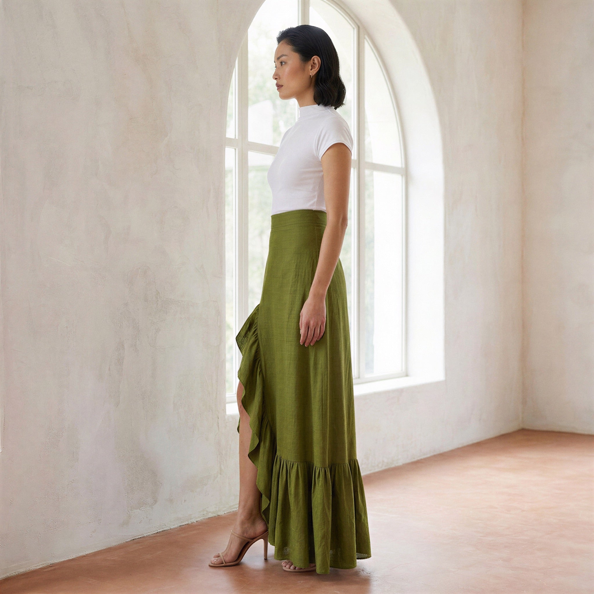 Olive Green Handspun Cotton Ruffle-Slit A-Line Maxi Skirt
