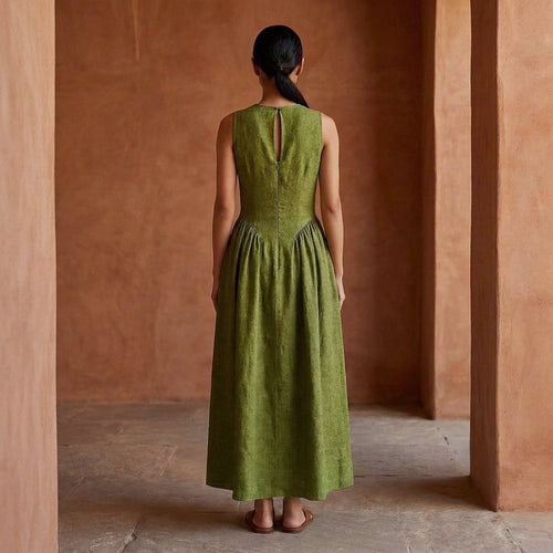 Olive Green Handspun Cotton Sleeveless Paneled Maxi Dress