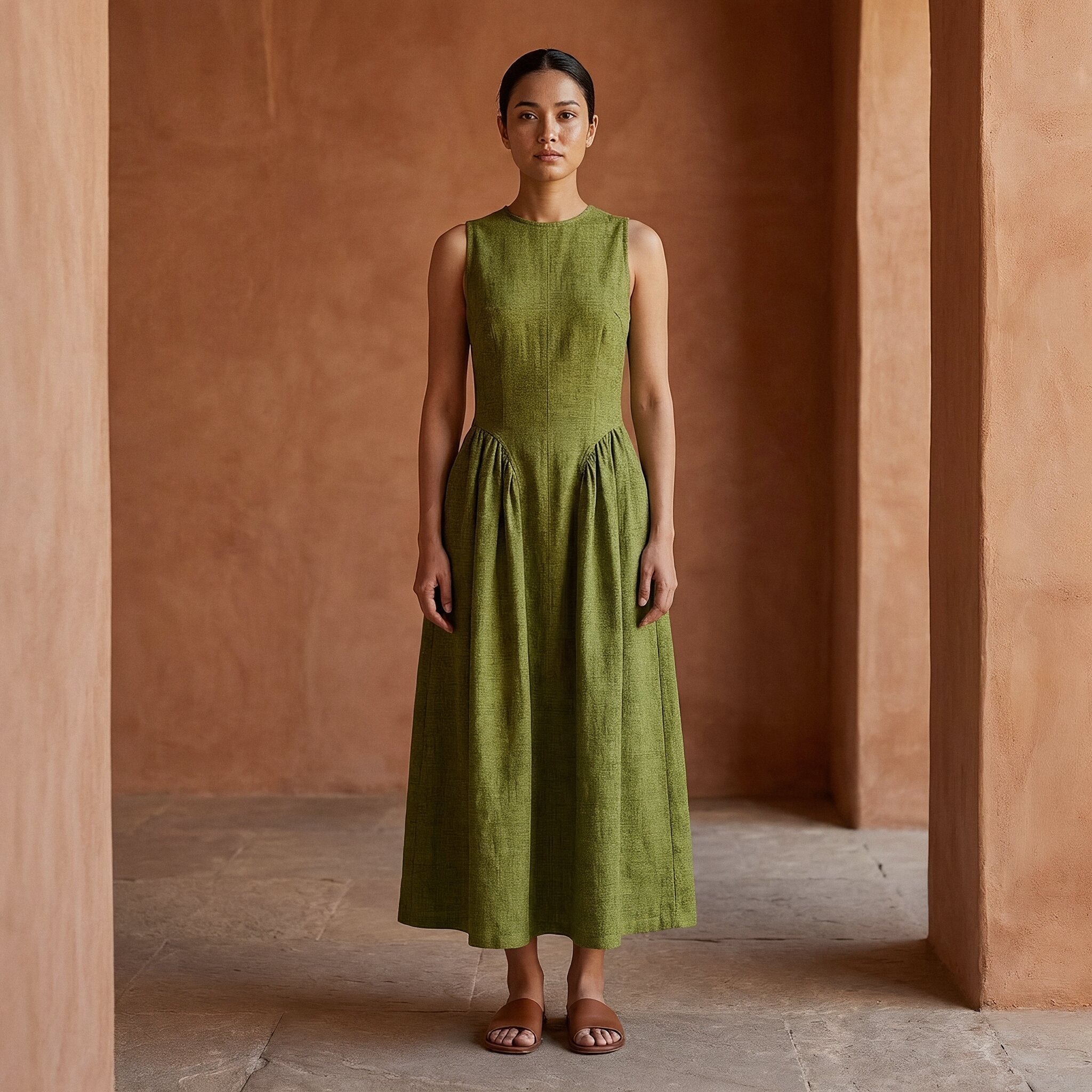 Olive Green Handspun Cotton Sleeveless Paneled Maxi Dress