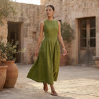 Olive Green Handspun Cotton Sleeveless Paneled Maxi Dress