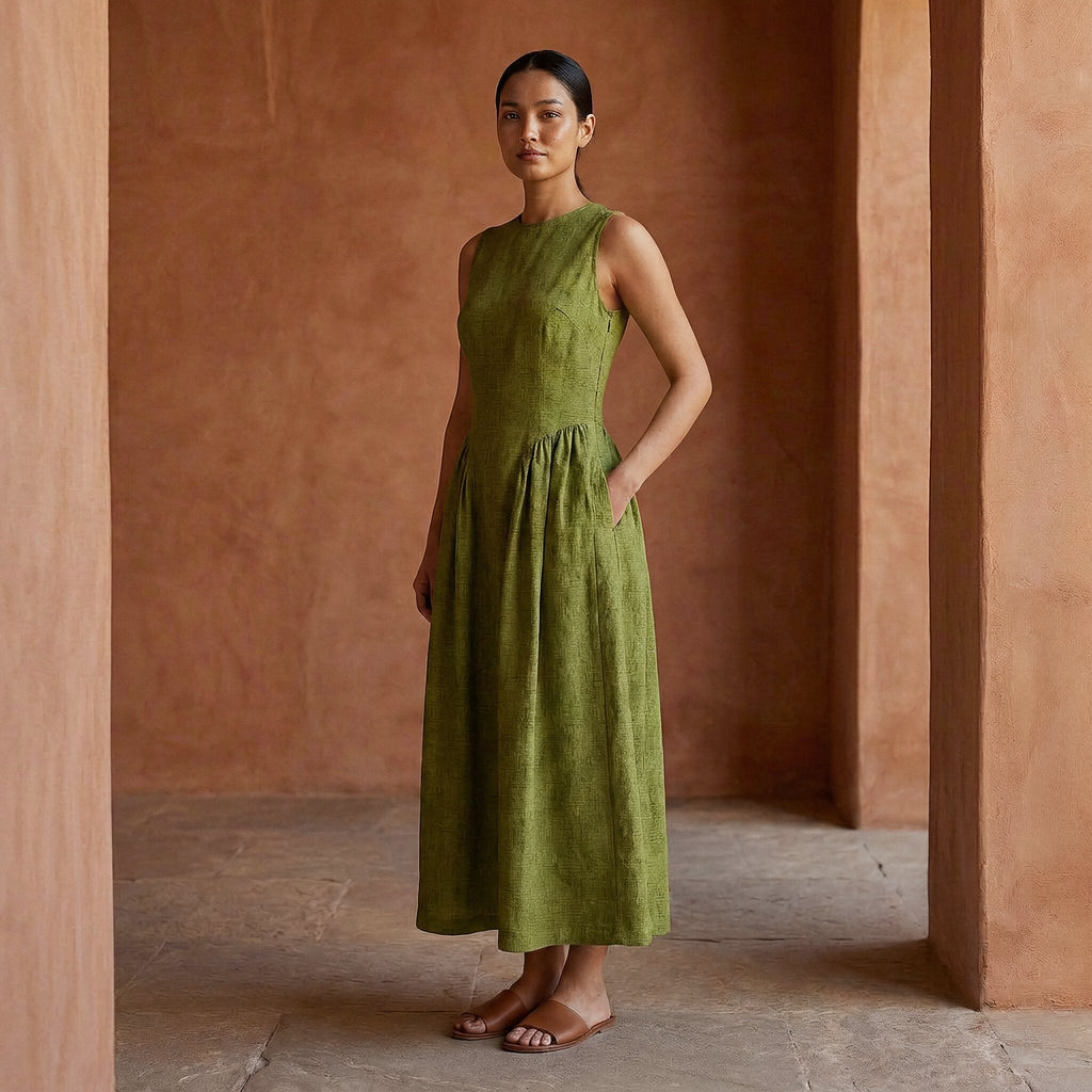 Olive Green Handspun Cotton Sleeveless Paneled Maxi Dress