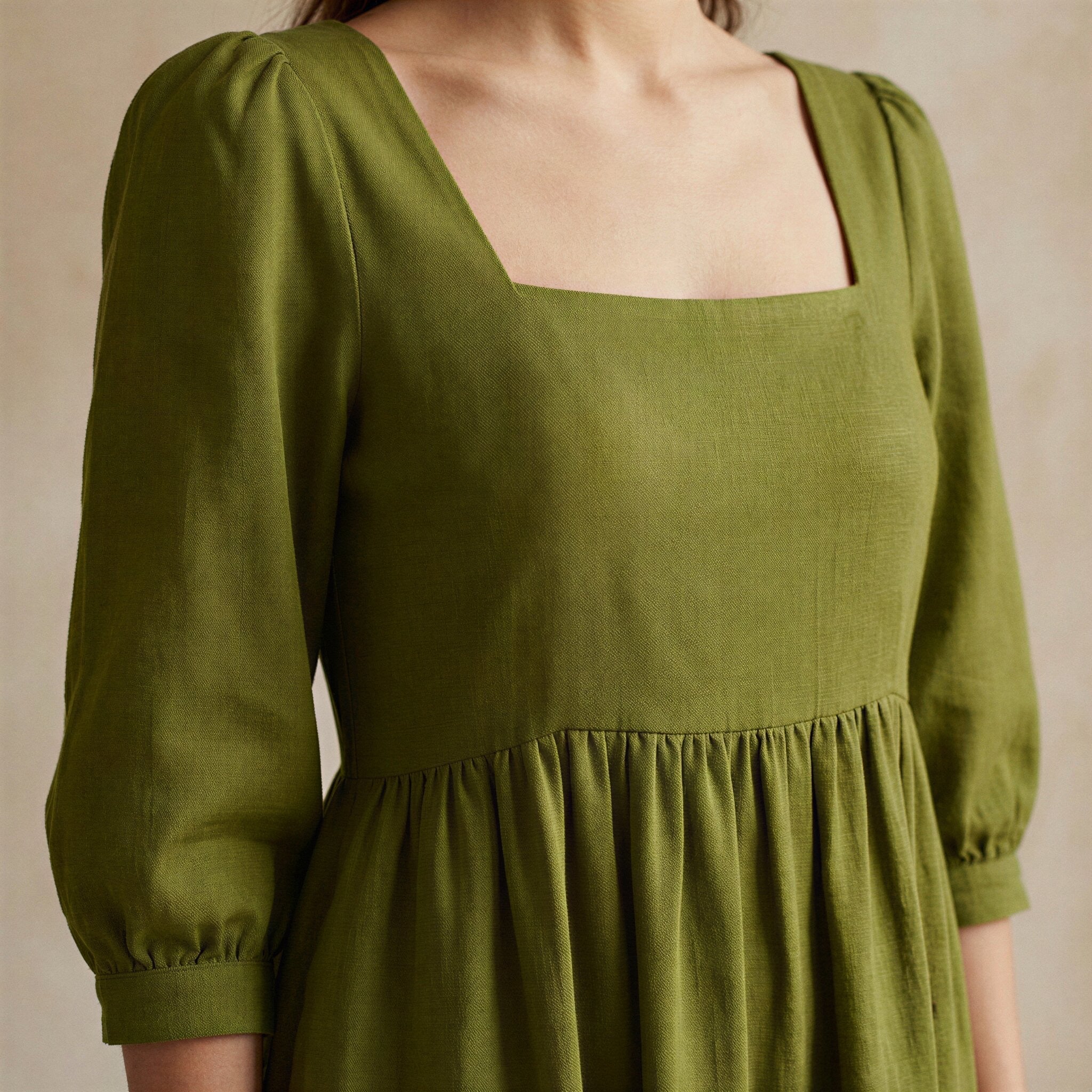 Olive Green Handspun Cotton Square Neck Tiered Midi Dress