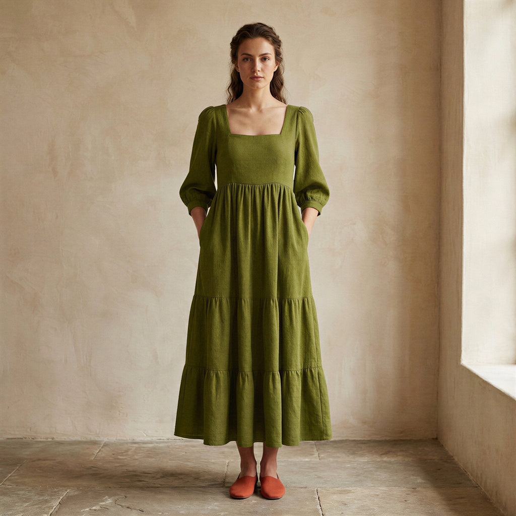 Olive Green Handspun Cotton Square Neck Tiered Midi Dress