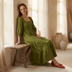 Olive Green Handspun Cotton Square Neck Tiered Midi Dress