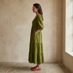 Olive Green Handspun Cotton Square Neck Tiered Midi Dress
