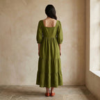 Olive Green Handspun Cotton Square Neck Tiered Midi Dress
