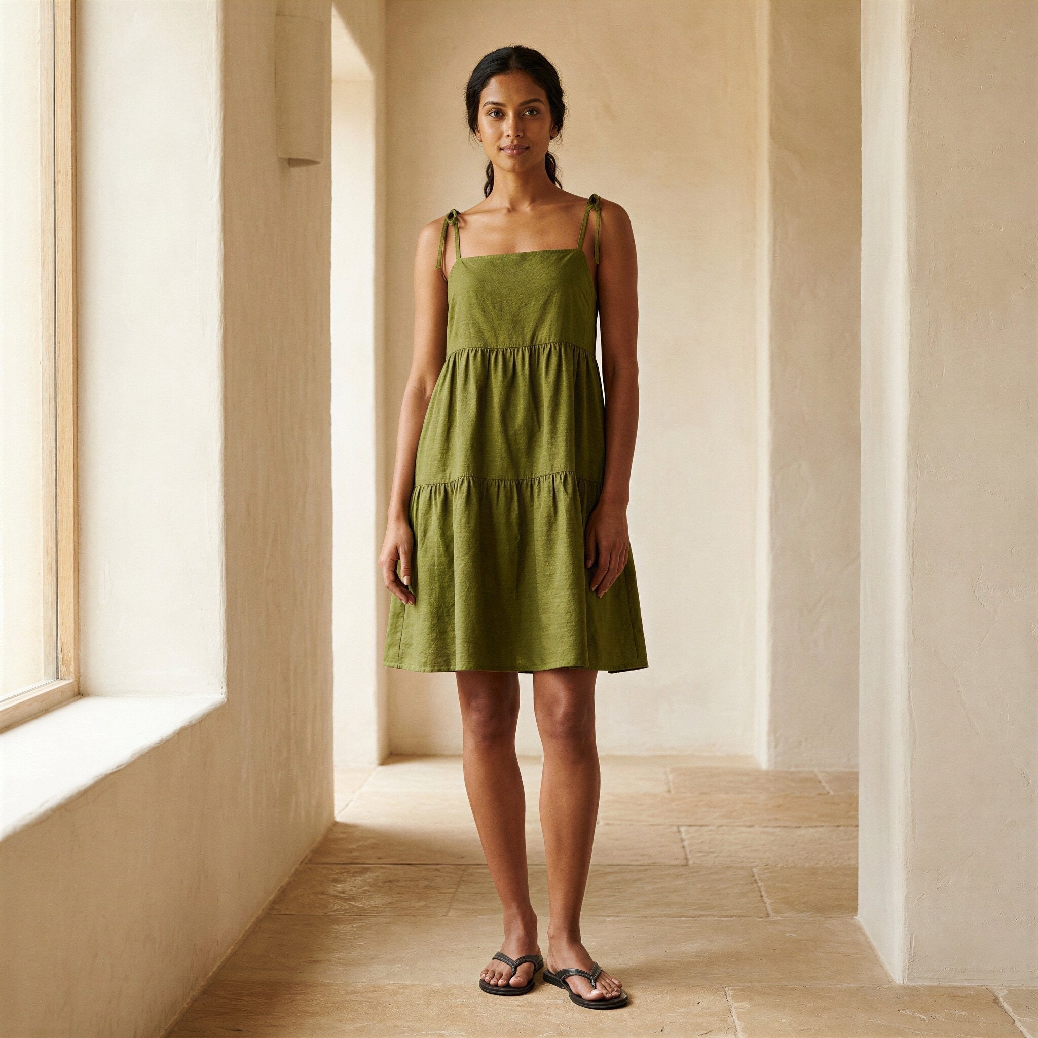 Olive Green Handspun Cotton Tie-Strap Tiered Short Sundress