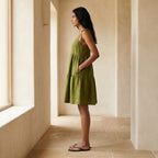Olive Green Handspun Cotton Tie-Strap Tiered Short Sundress