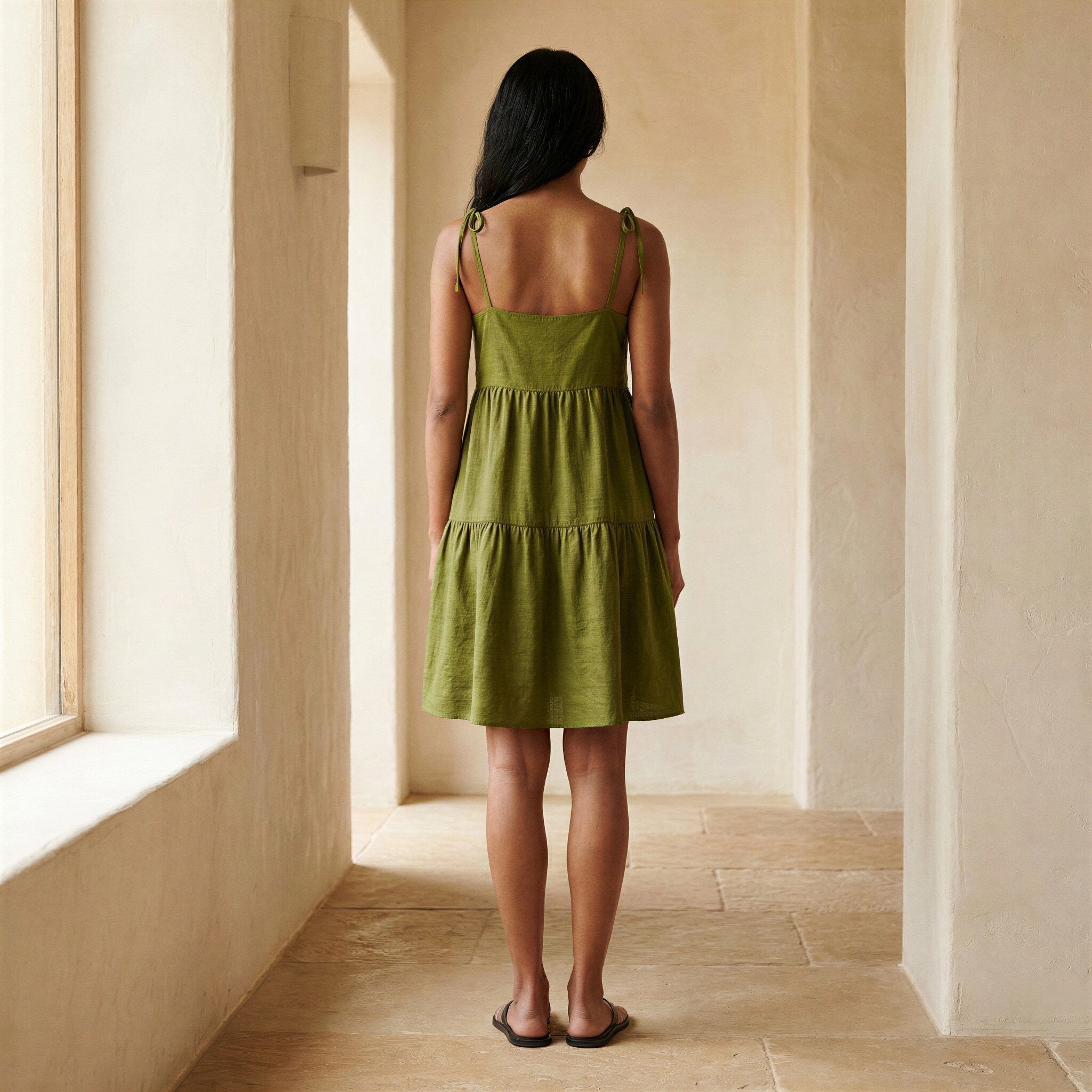Olive Green Handspun Cotton Tie-Strap Tiered Short Sundress