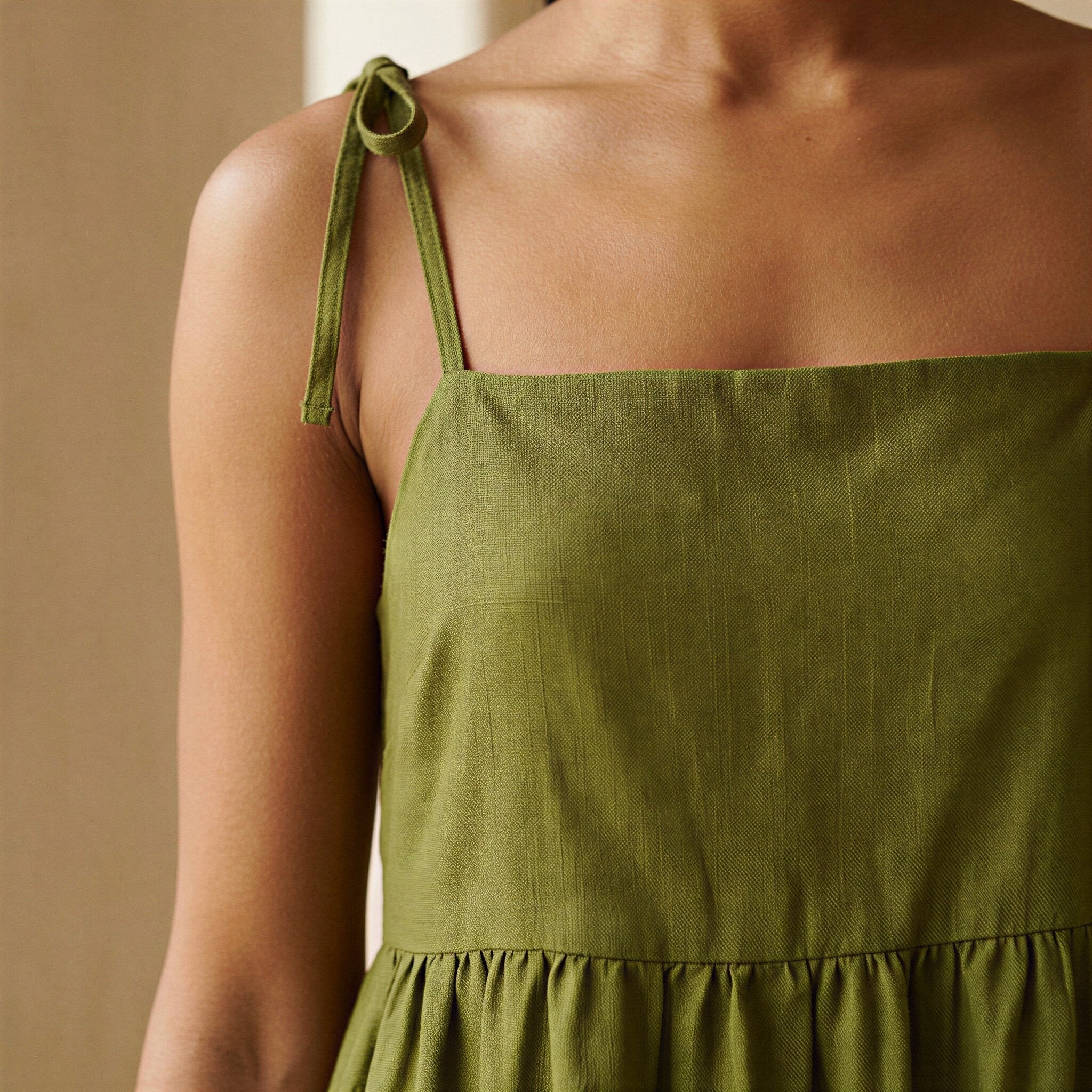 Olive Green Handspun Cotton Tie-Strap Tiered Short Sundress