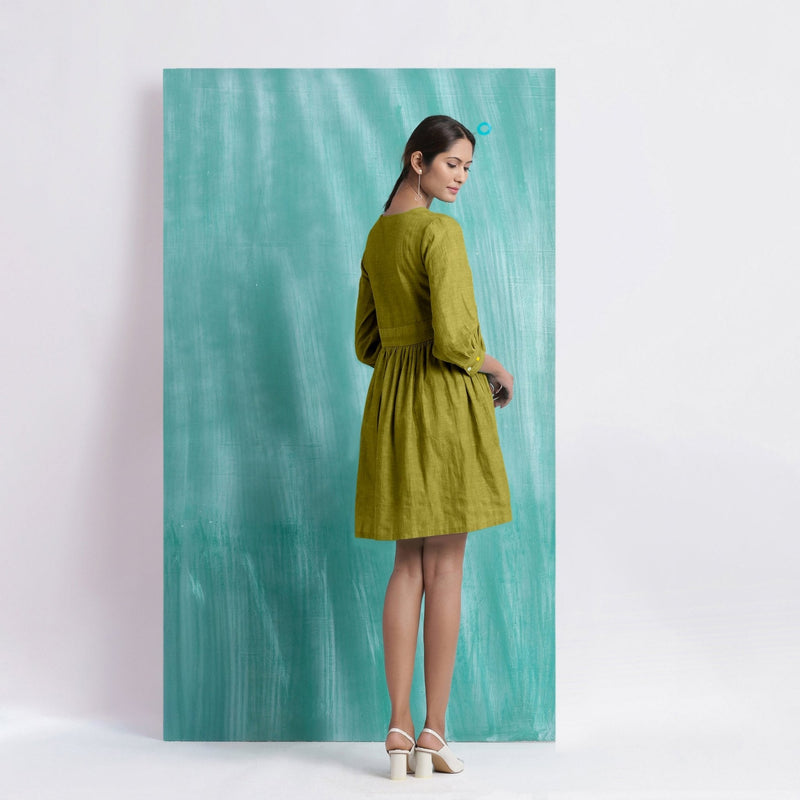 Olive Green Handspun Cotton V-Neck Gathered Short Dress