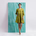 Olive Green Handspun Cotton V-Neck Gathered Short Dress