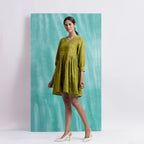 Olive Green Handspun Cotton V-Neck Gathered Short Dress