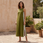 Olive Green Handspun Cotton Wavy Stripe Maxi Shift Dress