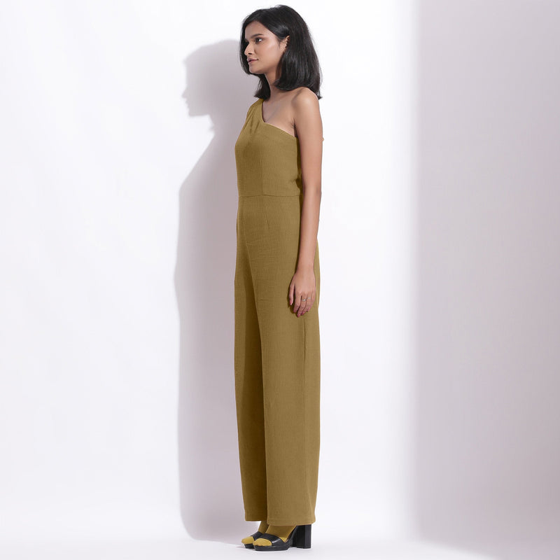 Left View of a Model wearing Olive Green Honeycomb One-Shoulder Jumpsuit