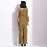 Back View of a Model wearing Olive Green Honeycomb One-Shoulder Jumpsuit