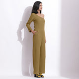 Right View of a Model wearing Olive Green Honeycomb One-Shoulder Jumpsuit
