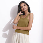 Front View of a Model wearing Olive Green Honeycomb Waffle Strap Top
