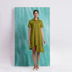 Olive Green Mirror Work Cotton Knee Length Asymmetrical Dress