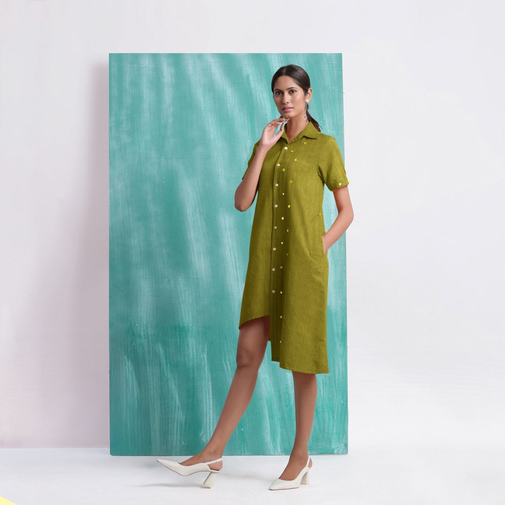 Olive Green Mirror Work Cotton Knee Length Asymmetrical Dress