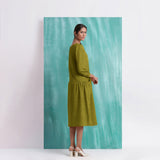 Olive Green Mirror Work Embroidered Cotton Paneled Midi Dress