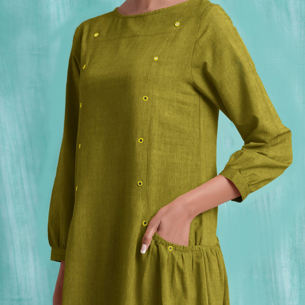Olive Green Mirror Work Embroidered Cotton Paneled Midi Dress