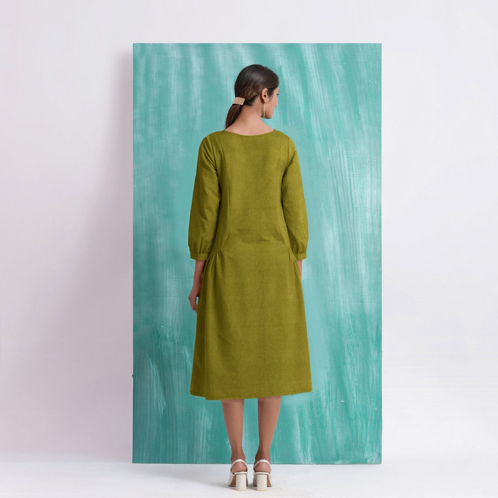 Olive Green Mirror Work Embroidered Cotton Paneled Midi Dress