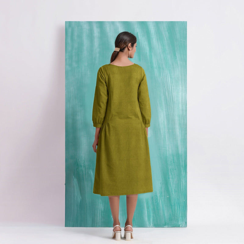 Olive Green Mirror Work Embroidered Cotton Paneled Midi Dress