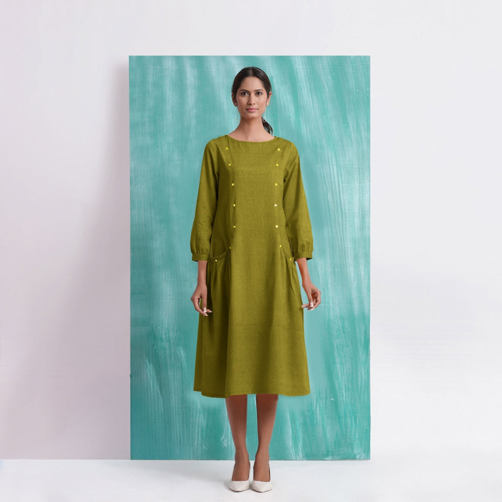 Olive Green Mirror Work Embroidered Cotton Paneled Midi Dress