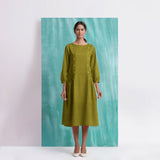 Olive Green Mirror Work Embroidered Cotton Paneled Midi Dress