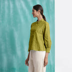 Olive Green Mirror Work Handspun Cotton Blouse Top