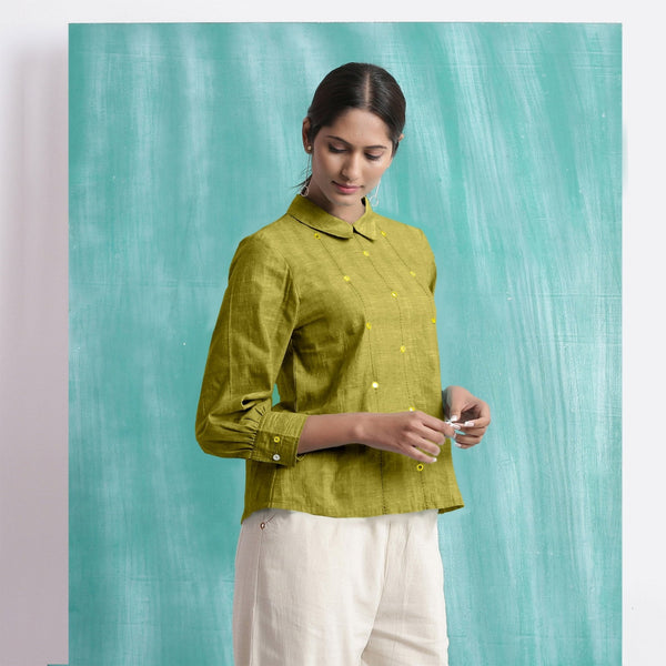 Olive Green Mirror Work Handspun Cotton Blouse Top