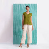 Olive Green Mirror Work Handspun Cotton Drop Shoulder Top