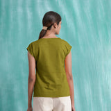 Olive Green Mirror Work Handspun Cotton Drop Shoulder Top