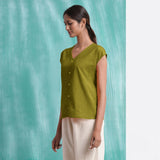 Olive Green Mirror Work Handspun Cotton Drop Shoulder Top