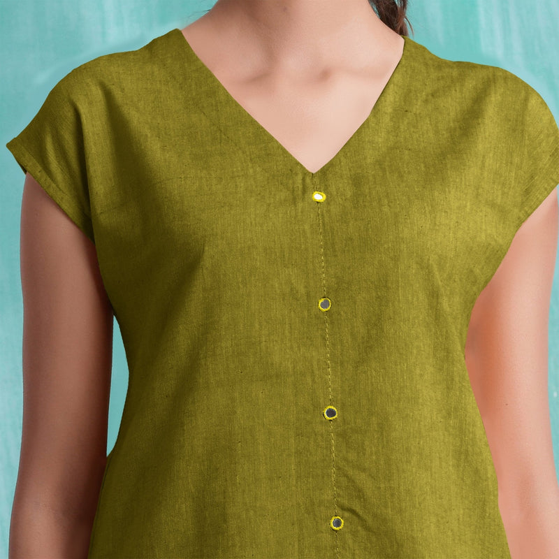 Olive Green Mirror Work Handspun Cotton Drop Shoulder Top