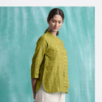 Olive Green Mirror Work Handspun Cotton Mandarin Collar Top
