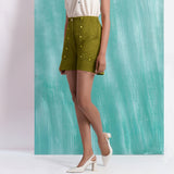 Olive Green Mirror Work Handspun Cotton Mid-Rise Elasticated Shorts