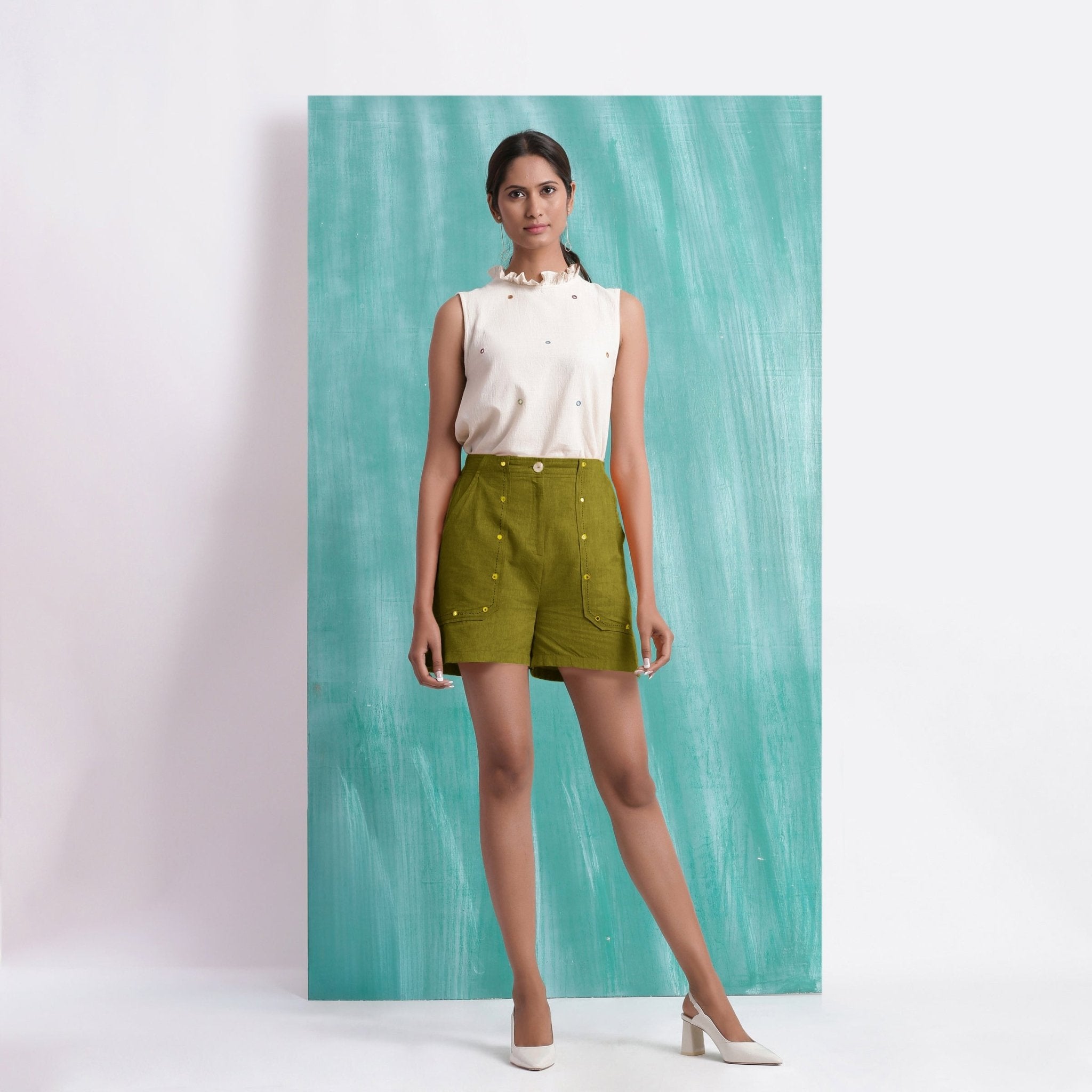 Olive Green Mirror Work Handspun Cotton Mid-Rise Elasticated Shorts